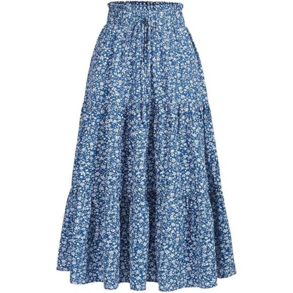 Women's High Elastic Waist Midi Skirt Blue2 - Picture 1 of 5